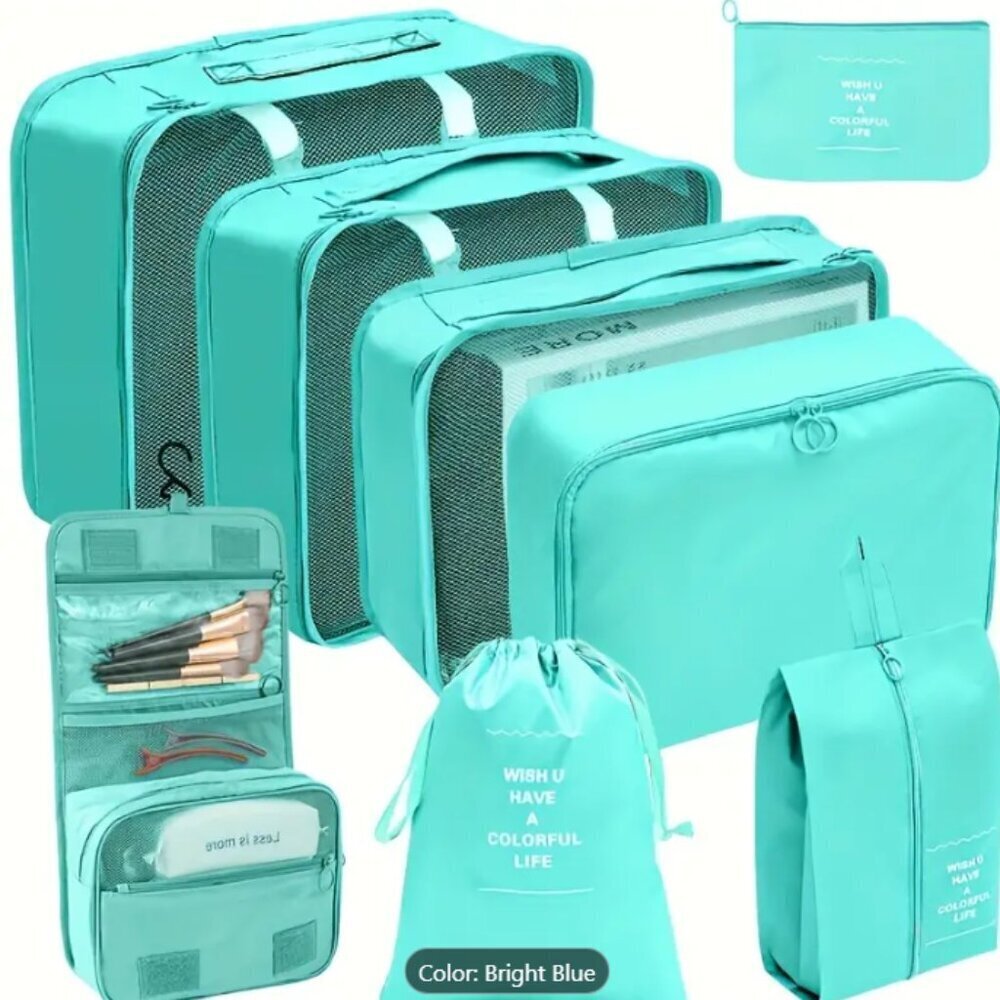 Luggage Travel Set Light Teal 8 Piece with Hanging Toiletry Bag Organizer NWT